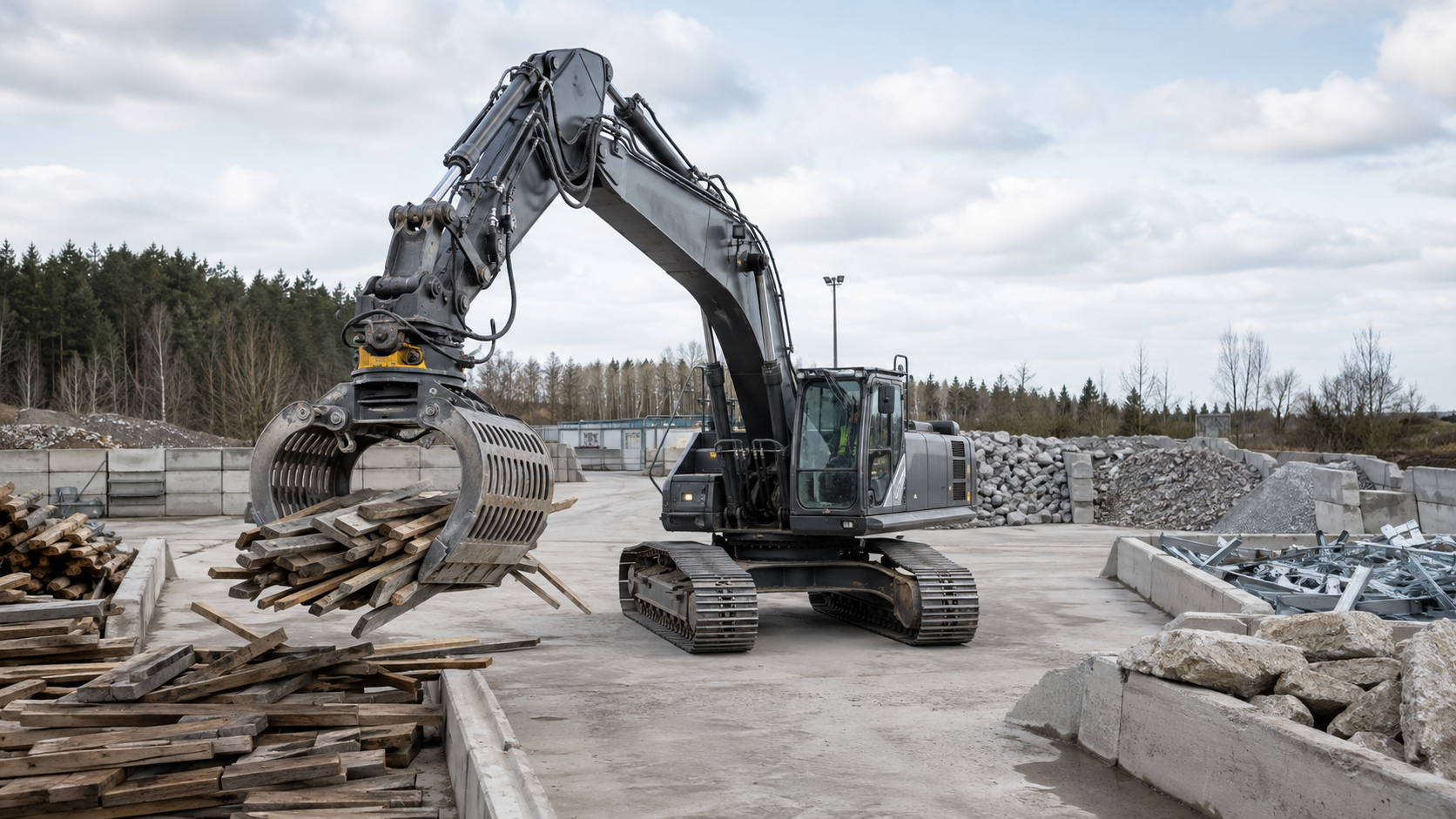 Grävmaskin som sorterar byggmaterial med en hydraulisk sorteringsgrip